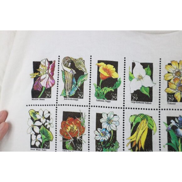 Vtg 90s Streetwear Womens XL Distressed USPS Postage Stamps Flower T-Shirt USA - Picture 8 of 16